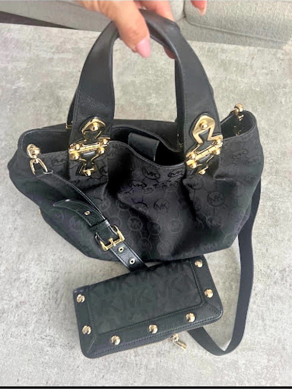 Michael Kors Authentic Monogram Jacquard Satchel/Tote paired with matching walle